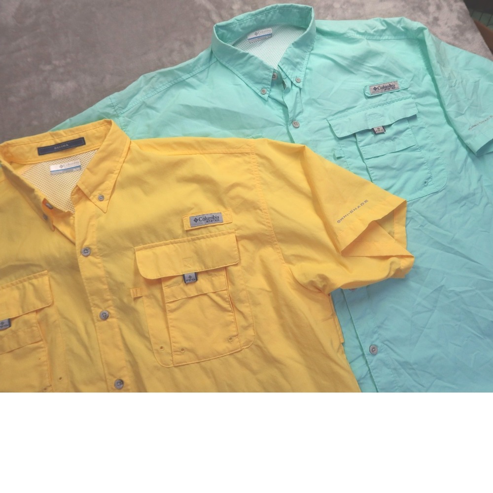 Lot of 2 Columbia‎ PFG Bahama II Fishing Shirts Men's XL Yellow Seafoam Green